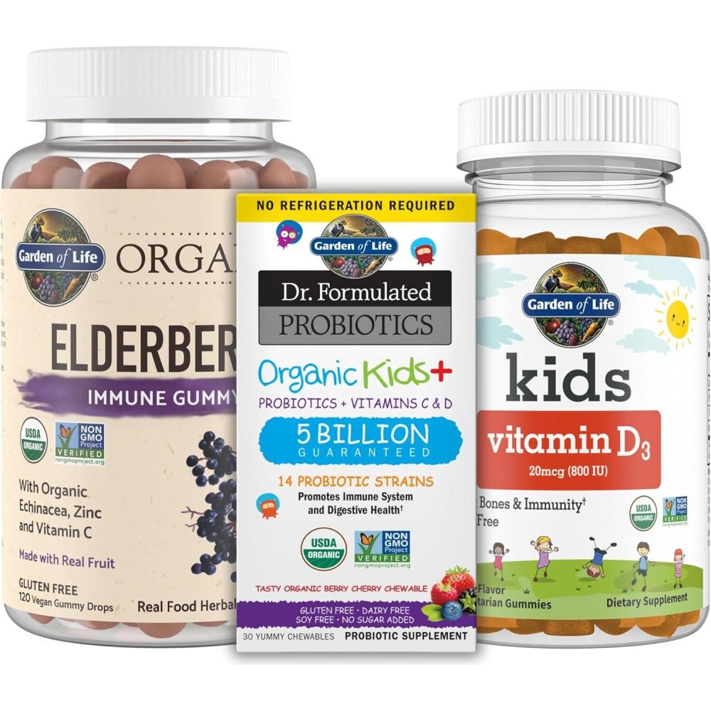 image:imageGarden of Life Immune Support Bundle Organics Elderberry Echinacea Zinc Gummies 120 Count  Dr Formulated Kids Probiotics Berry Cherry Shelf Stable 30ct  Kids Vitamin D3 Orange Gummies 60ct