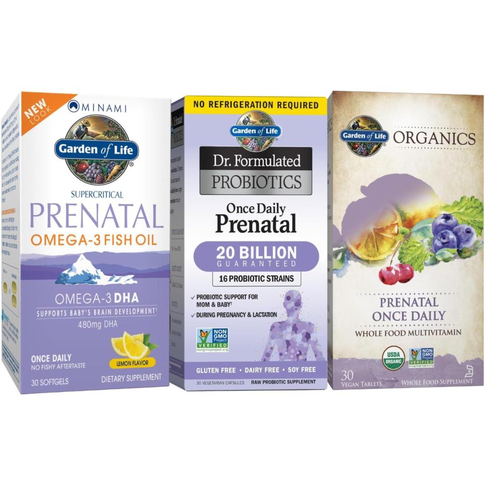 image:imageGarden of Life Prenatal Bundle Organics Prenatal Multivitamin with Folate and Iron DHA Omega 3 Fish Oil Supplement Dr Formulated Probiotics Once Daily for Mom amp Baby Capsules and SoftgelsBundle