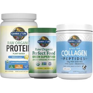 Garden of Life Holistic Wellness Bundle – Perfect Food Powder 30 Servings + Grass Fed Collagen Peptides 28 Servings + Vegan Vanilla Protein with BCAAs & Probiotics 20 Servings