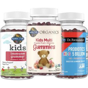 Garden of Life Kids Gummies Bundle: Organics Kids Multivitamin – Fruit, 120 Count + Kids Immune Gummy – Cherry, 60ct + Dr. Formulated Kids Probiotic 5 Billion CFU & D3 – Strawberry, 60 Gummies(Fruit Multivitamin + Cherry Immune + Strawberry Probiotic)