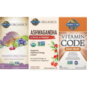 Garden of Life Women’s Bundle: Organics Once Daily Multivitamin, Vitamin Code Raw Iron 22mg, Organic Ashwagandha with Probiotics & Ginger for Energy, Stress, Mood Support, Vegan Tablets & Capsules(Women’s Bundle)