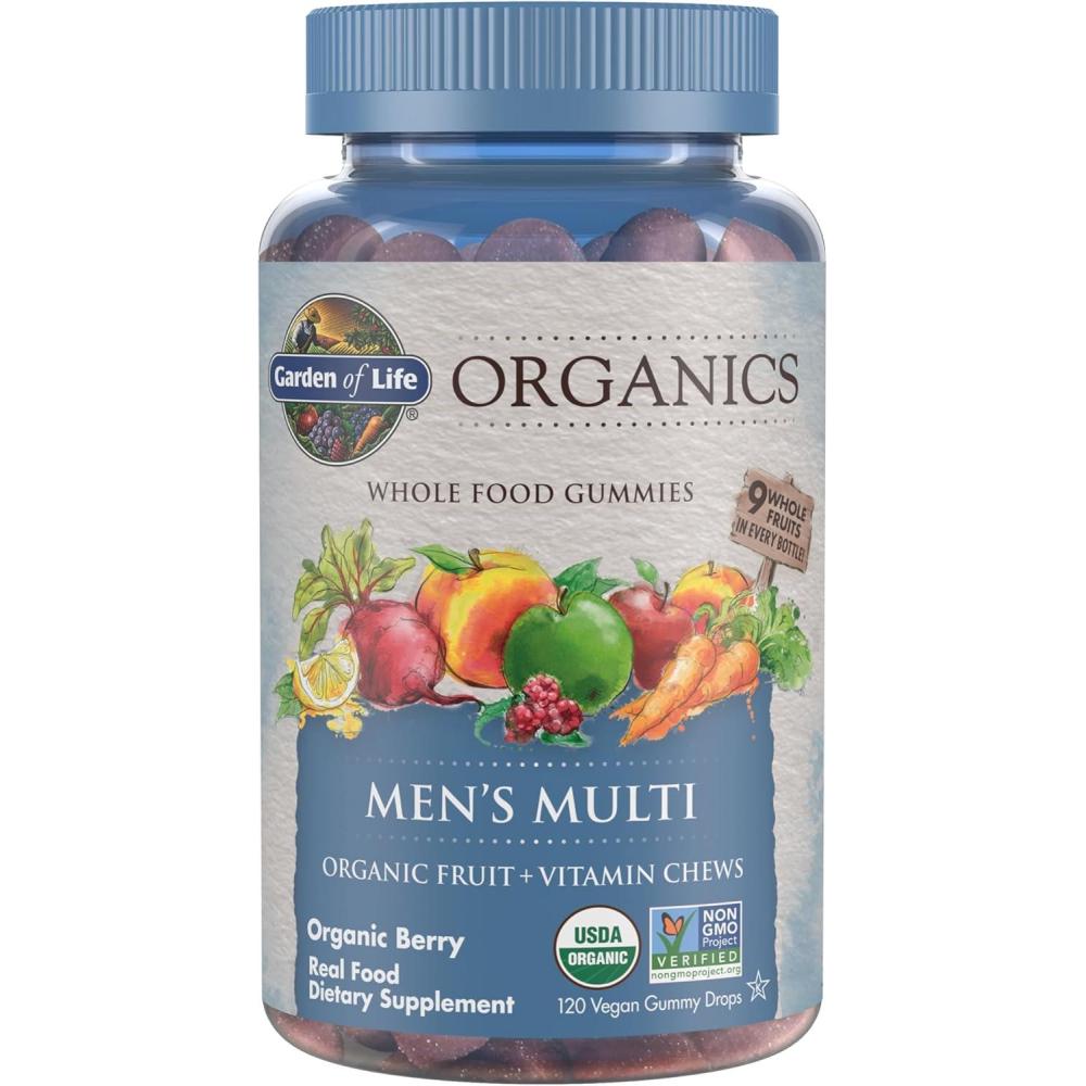 image:imageGarden of Life Organics Mens Gummy Vitamins  Berry  Certified Organic NonGMO Vegan Kosher Complete Multi  Methyl B12 C amp D3  Gluten Soy amp Dairy Free 120 Real Fruit Chew Gummies120 Count Pack of 1