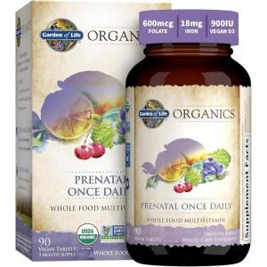 Garden of Life Organics Prenatal Vitamin: Folate for Energy & Healthy Fetal Development, Non-constipating Iron, Vitamin C, B6, B12, D3 – Organic, Non-GMO, Gluten-Free, Vegan, 30 Day Supply(90 Count (Pack of 1))