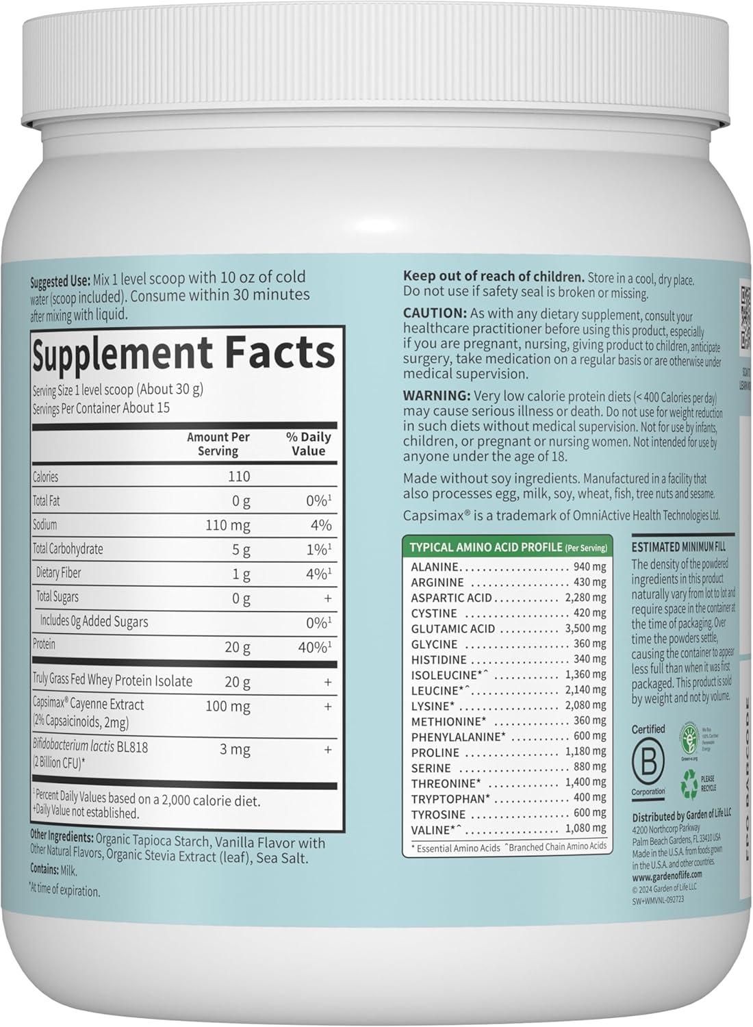 image:imageGarden of Life SPORT Whey Plus Weight Management with Amino Energy 20g of Grass Fed Protein Isolate for Women and Men Vanilla Powder With Capsimax 2 Billion CFU Probiotics About 15 Servings