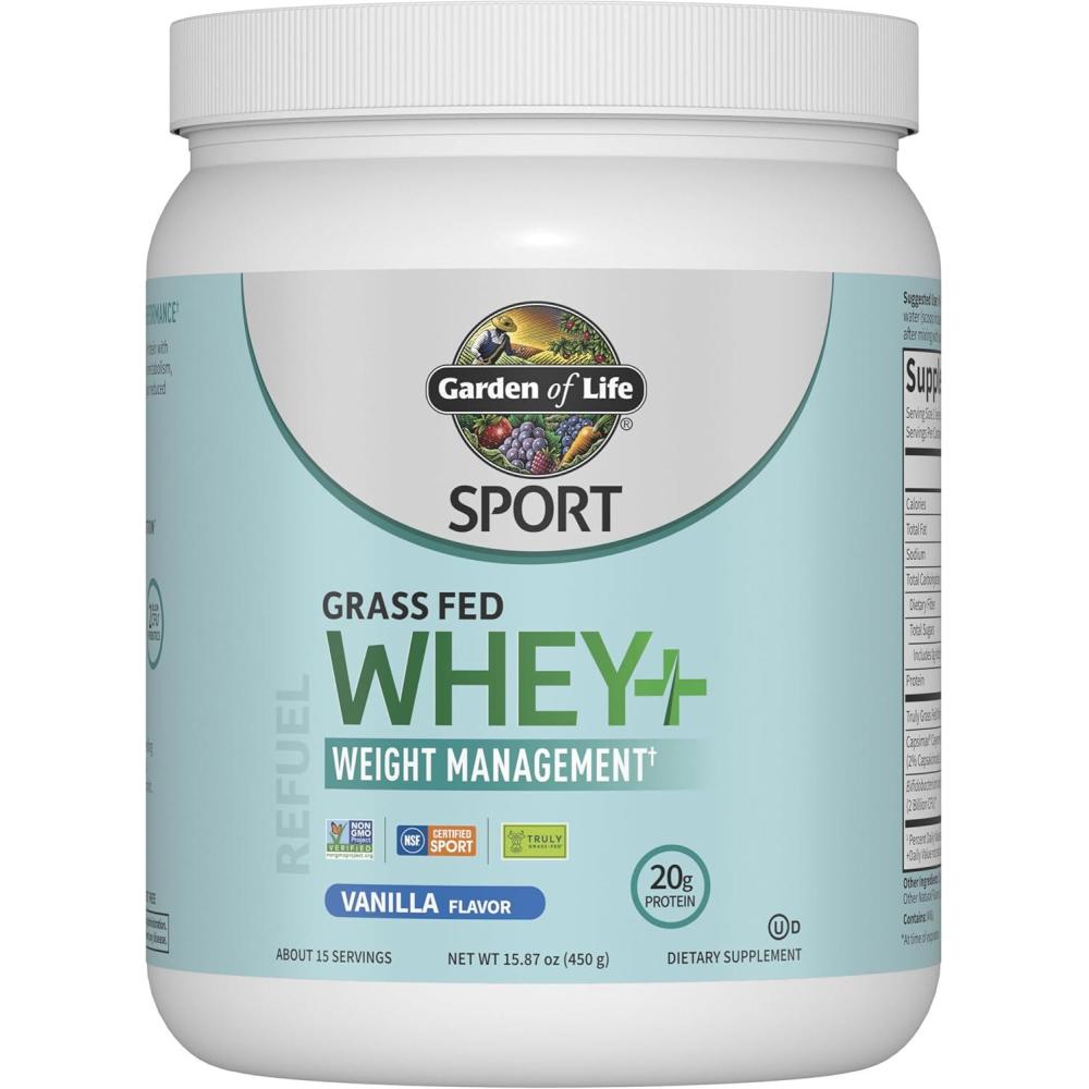 image:imageGarden of Life SPORT Whey Plus Weight Management with Amino Energy  20g of Grass Fed Protein Isolate for Women and Men  Vanilla Powder  With Capsimax 2 Billion CFU Probiotics About 15 Servings