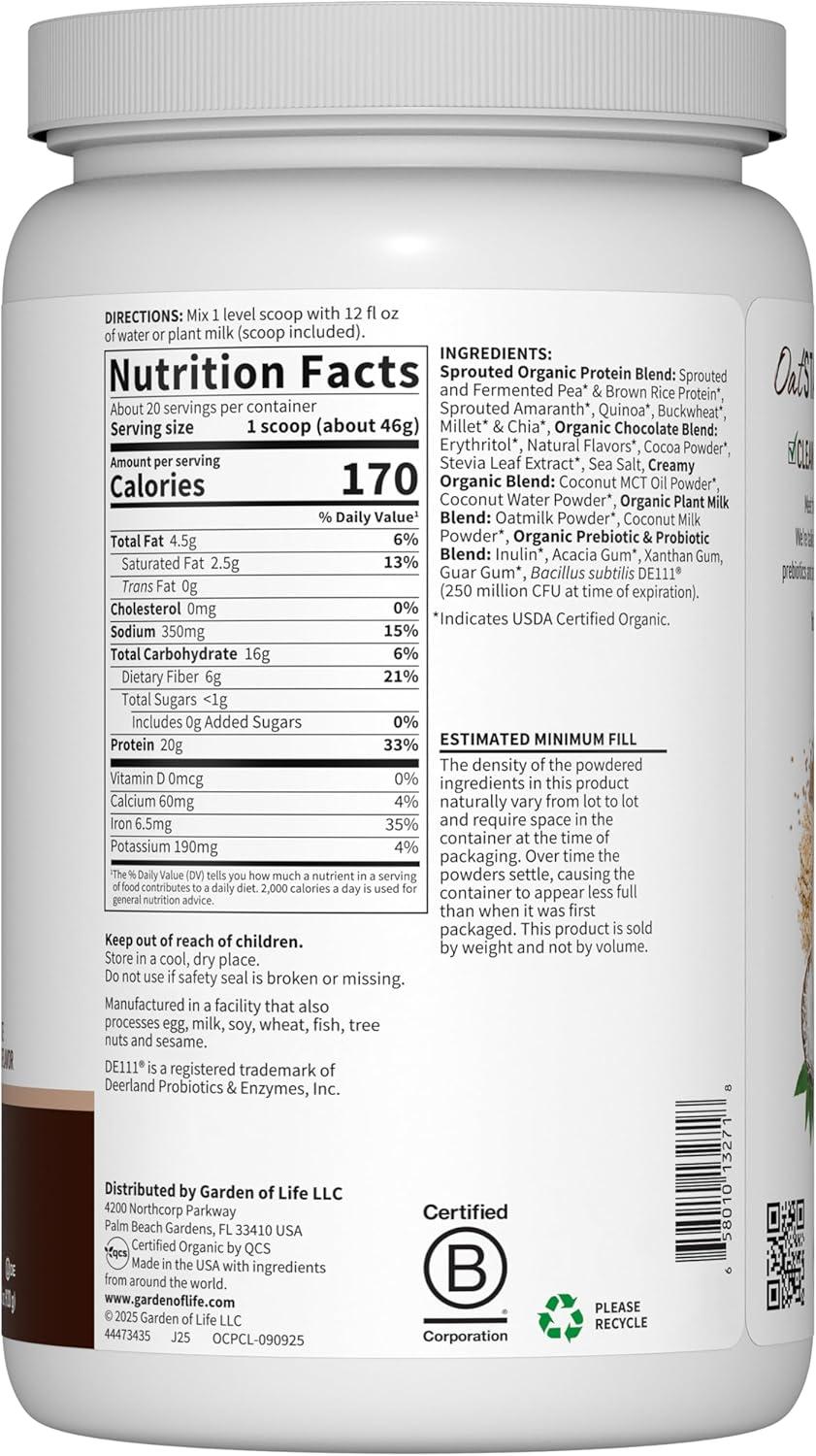 image:imageGarden of Life Creamy Plant Protein Oat Milk Powder Chocolate Flavor Vegan Protein Powder Plant Based Prebiotics amp Probiotics GlutenFree NonGMO Chocolate Brownie Flavor 2 LBSChocolate Brownie