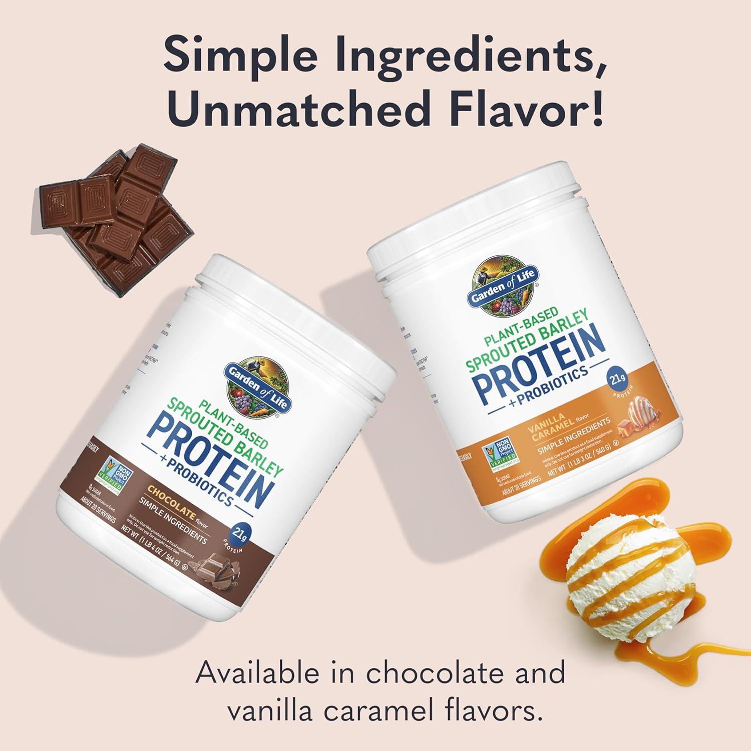 image:imageGarden of Life PlantBased Sprouted Barley Protein Vanilla Caramel with 21g Protein 0g Sugar amp Clean Ingredients Upcycled Barley Probiotics NonGMO use in Shakes Smoothies amp Baking 20 ServingsVanilla Caramel