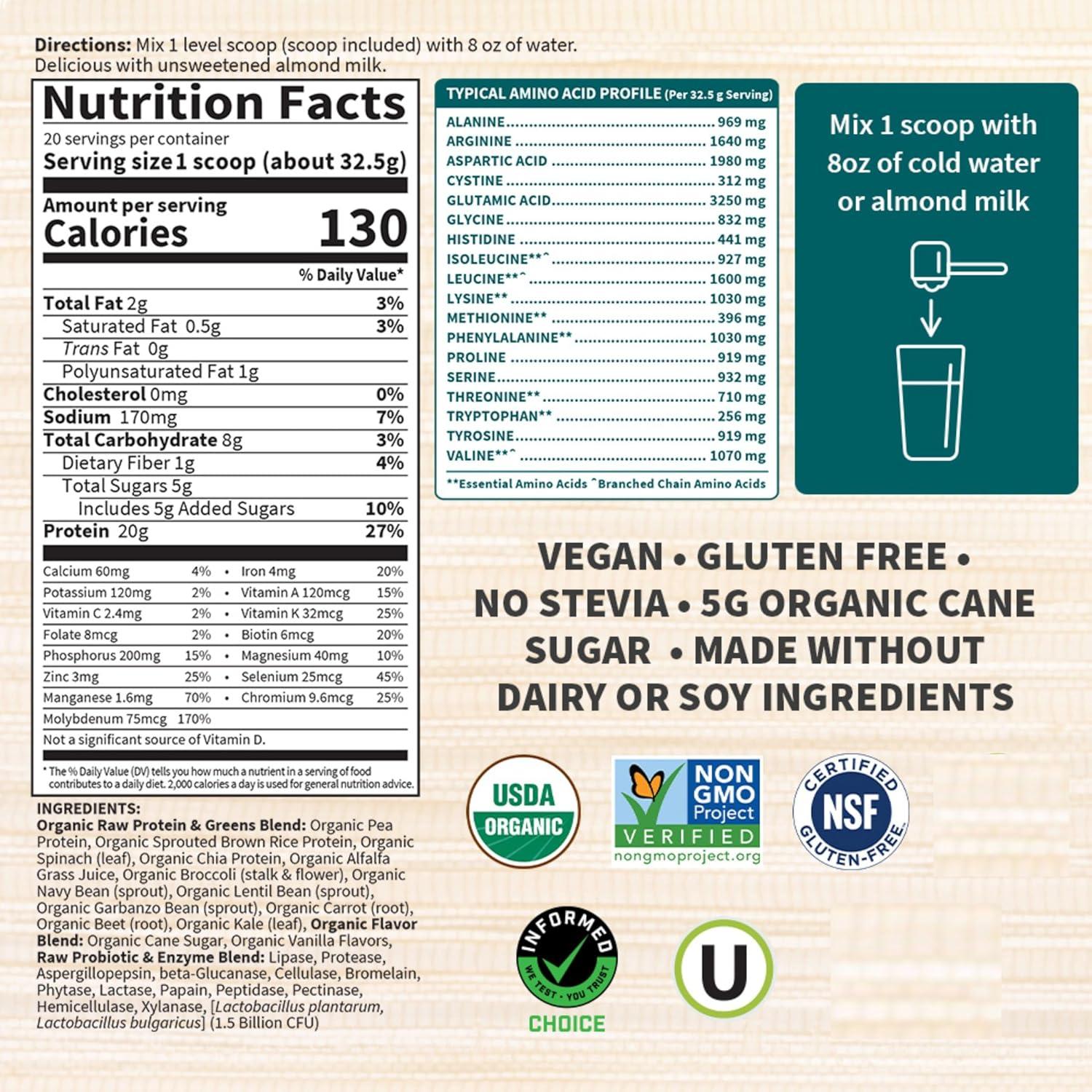 image:imageGarden of Life Raw Protein amp Greens Vanilla Protein Powder 20g Plant Based Greens Powder Probiotics amp Enzymes PostWorkout Recovery Vegan GlutenFree NonGMO 20 ServingsLightly Sweet