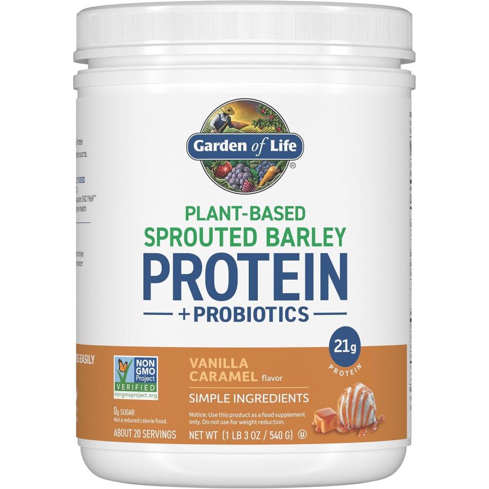 image:imageGarden of Life PlantBased Sprouted Barley Protein Vanilla Caramel with 21g Protein 0g Sugar amp Clean Ingredients Upcycled Barley Probiotics NonGMO use in Shakes Smoothies amp Baking 20 ServingsVanilla Caramel