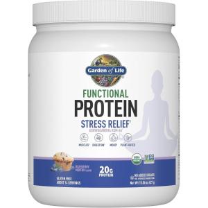 Garden of Life – Functional Protein Stress Relief – 20g Organic Sprouted & Fermented Protein Blend – Blueberry Muffin, Mood Blend for Stress Management, Ashwagandha KSM-66, Vegan – About 14 Servings