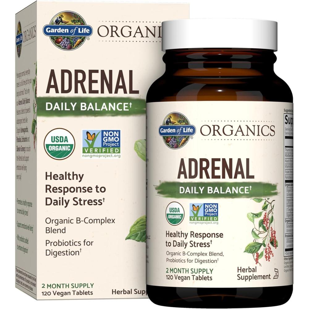 image:imageGarden of Life Organics Adrenal Daily Balance Adaptogenic Herbs Ashwagandha Holy Basil B Complex amp Probiotics Organic NonGMO Vegan Gluten Free Supplement Two Month Supply 120 Tablets