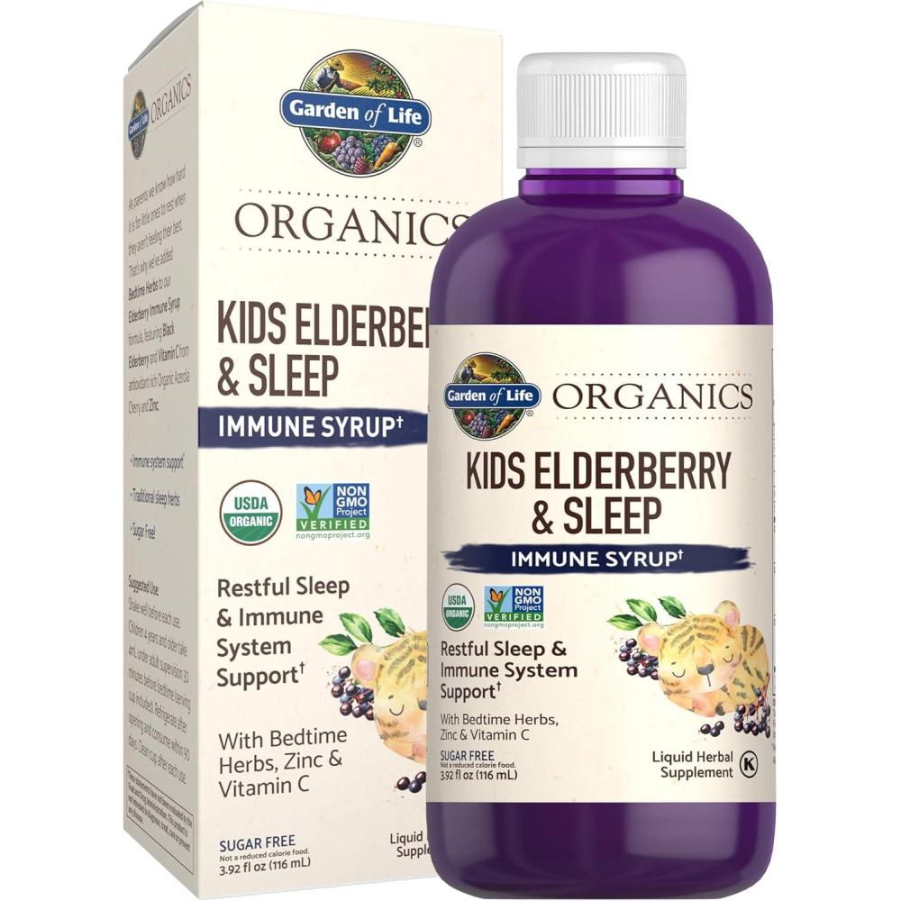 image:imageGarden of Life Organics Elderberry Immune Support for Kids with Zinc Vitamin C  Kids Elderberry amp Sleep Immune Syrup Liquid Bedtime Herbs for Children No Alcohol No Added Sugar 392 fl oz