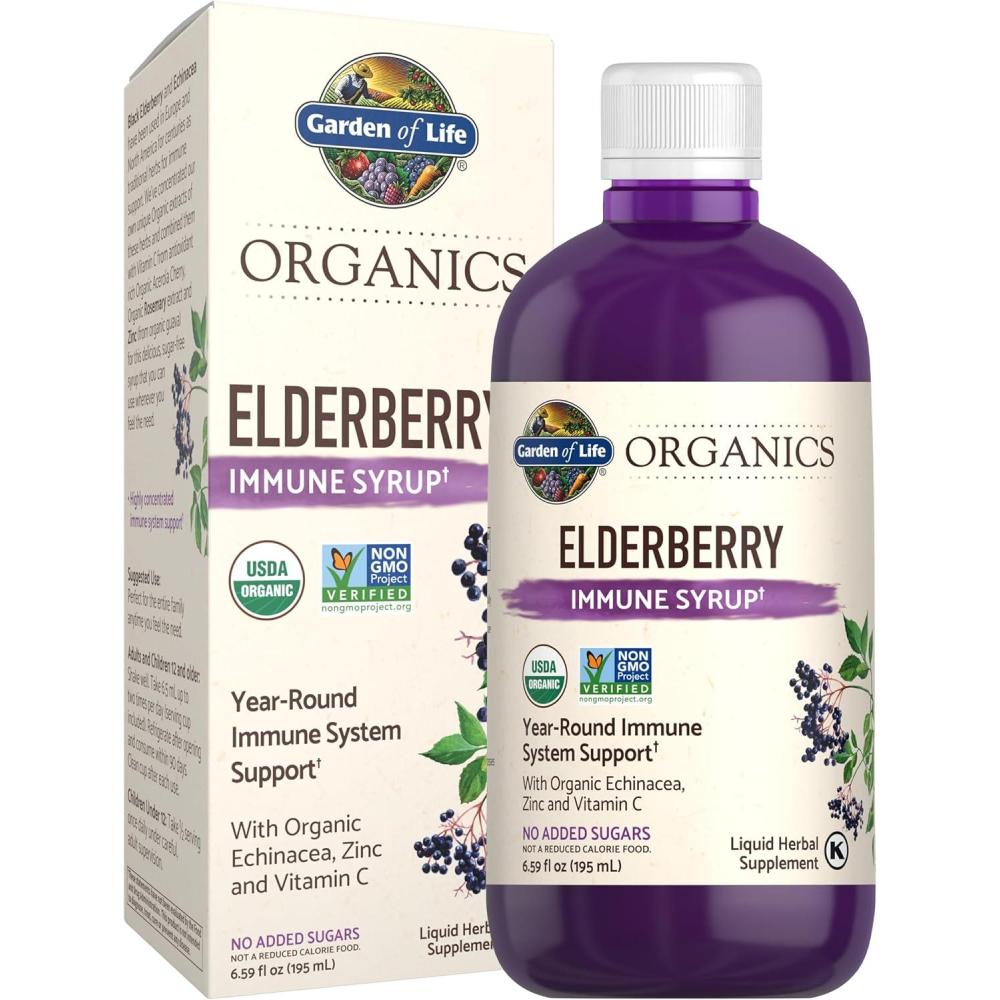image:imageGarden of Life Organics Plant Based Elderberry Immune Syrup 659 floz 195 mL for Kids amp Adults  Sambucus Echinacea Zinc amp Vitamin C 0g Sugar Organic Vegan Gluten Free Herbal Supplement