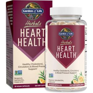 Garden of Life Herbals Heart Health Supplement with Folate, Bergamot, Green Tea & Vitamin E & K for Cholesterol, Circulatory & Blood Pressure Support, Non-GMO, Gluten-Free, Citrus Flavor, 30 Servings