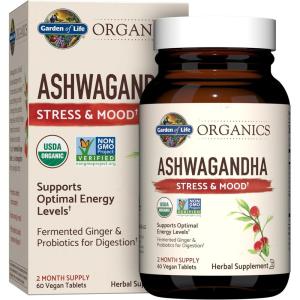 Garden of Life Organic Ashwagandha Supplement with Probiotics & Ginger – Stress, Mood & Energy Support, Vegan, Gluten Free, Non GMO, 2 Month Supply, 60 Tablets