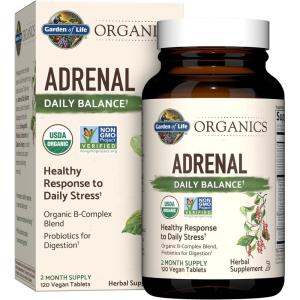 Garden of Life Organics Adrenal Daily Balance, Adaptogenic Herbs Ashwagandha, Holy Basil, B Complex & Probiotics, Organic Non-GMO, Vegan, Gluten Free Supplement, Two Month Supply, 120 Tablets