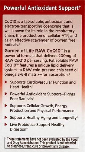 image:imageGarden of Life CoQ10 200mg Vegetarian Omega 3 6 9 Supplement Raw Co Q 10 Chia Seed Oil Whole Food Nutrition with Antioxidant Support Coenzyme q10 Supplement for Heart Health 60 CapsulesUnflavored