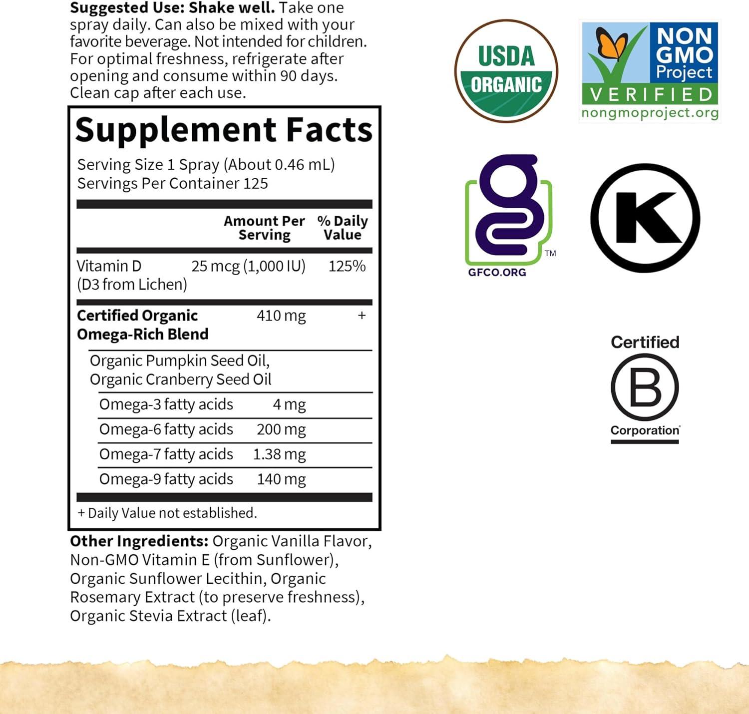image:imageGarden of Life Organics Vegan Vitamin D3 Spray with Plant Omegas Liquid Vitamin D3 for Immune Support amp Bone Health 1000 IU USDA Organic NonGMO Vanilla Flavor 2 Fl Oz Bottle 125 Servings2 Fl Oz Pack of 2