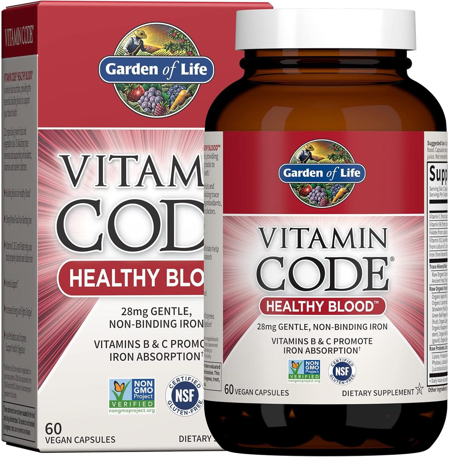 image:imageGarden of Life Vitamin Code Healthy Blood Iron Supplement for Women 60 Vegan Capsules with Vitamins B C Trace Minerals Fruit Veggies Probiotics for Energy and Anemia SupportUnflavored