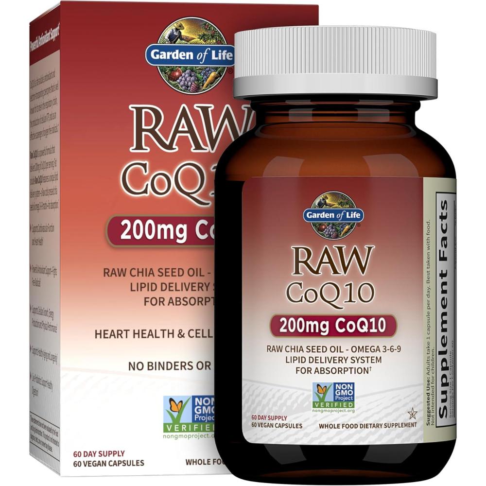 image:imageGarden of Life CoQ10 200mg Vegetarian Omega 3 6 9 Supplement Raw Co Q 10 Chia Seed Oil Whole Food Nutrition with Antioxidant Support Coenzyme q10 Supplement for Heart Health 60 CapsulesUnflavored