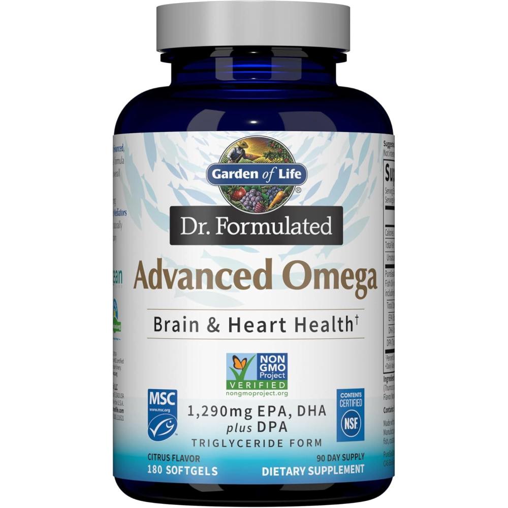 image:imageGarden of Life Dr Formulated Advanced Omega Fish Oil  Lemon 1290mg EPA DHA  DPA in Triglyceride Form Single Source Omega 3 Supplement for Ultimate Brain amp Heart Health NonGMO 60 Softgels180 Count Pack of 1