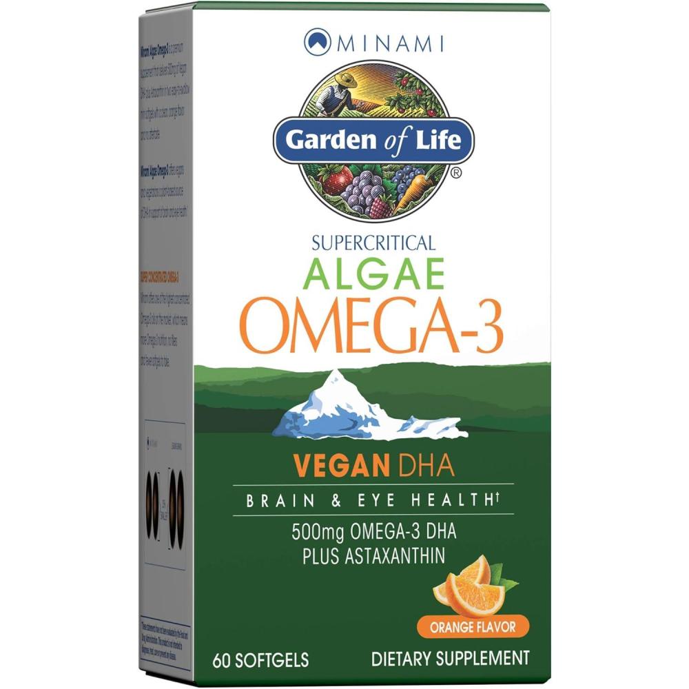 image:imageGarden of Life Minami Algae Omega 3 Vegan DHA for Brain and Eye Health  Orange Flavor 500mg Plant Based DHA Omega3 Vegan Algae Oil plus Astaxanthin No aftertaste 60 easytoswallow Mini SoftgelsAlgae Omega3