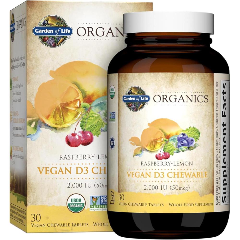 image:imageGarden of Life Organics Vegan Vitamin D3 Chewable Raspberry Lemon 2000 IU 50mcg Whole Food Vitamin D3 from Lichen Plus Food amp Mushroom Blend Gluten Free 30 Chewable Tablets30 Count Pack of 6