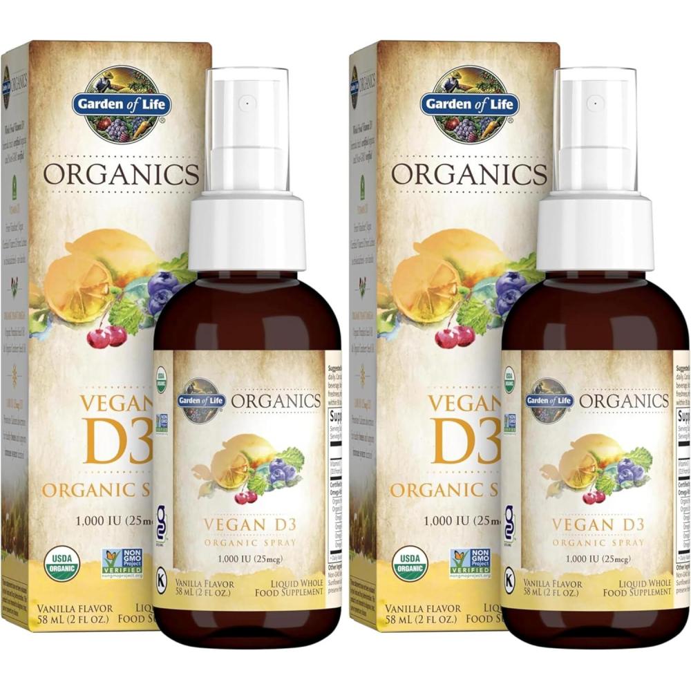 image:imageGarden of Life Organics Vegan Vitamin D3 Spray with Plant Omegas  Liquid Vitamin D3 for Immune Support amp Bone Health 1000 IU USDA Organic NonGMO Vanilla Flavor 2 Fl Oz Bottle 125 Servings2 Fl Oz Pack of 2