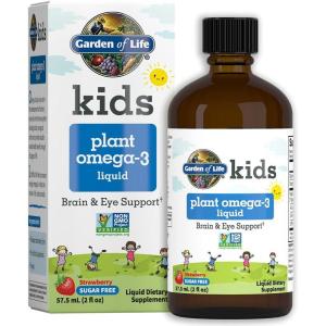 Garden of Life Kids Plant Omega-3 Liquid, Strawberry – Vegan Brain & Eye Support for Kids, Plant-Based Children’s Omega 3 ALA, DHA & EPA Supplement for Children, Sugar Free & Non-GMO – 2 fl oz Liquid