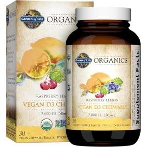 Garden of Life Organics Vegan Vitamin D3 Chewable – Raspberry Lemon, 2,000 IU (50mcg) Whole Food Vitamin D3 from Lichen Plus Food & Mushroom Blend, Gluten Free, 30 Chewable Tablets(30 Count (Pack of 6))