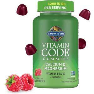 Garden of Life Vitamin Code Calcium Magnesium Gummies with D3 & K2, Supports Bone Health & Bone Strength + Prebiotics & Probiotics for Digestive Support, Non-GMO, Gluten-Free, 60 Raspberry Gummies