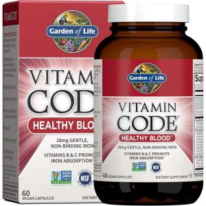 Garden of Life Vitamin Code Healthy Blood – Iron Supplement for Women, 60 Vegan Capsules, with Vitamins B, C, Trace Minerals, Fruit Veggies, Probiotics – for Energy and Anemia Support(Unflavored)
