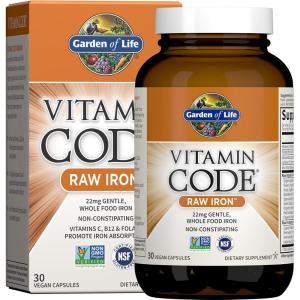 Garden of Life Vitamin Code Raw Iron Supplement – 30 Vegan Capsules, 22mg Once Daily Iron, Vitamins C, B12, Folate, Fruit, Veggies & Probiotics, Iron Supplements for Women, Energy & Anemia Support(1 Count (Pack of 30))