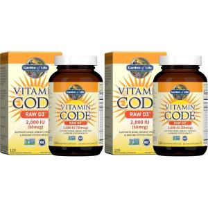 Garden of Life Vitamin D, Vitamin Code Raw D3, Vitamin D 2,000 IU, Raw Whole Food D3 Supplements with Chlorella, Fruit, Veggies & Probiotics for Bone & Immune Health, 60 Vegetarian Capsules(120 Count (Pack of 2))