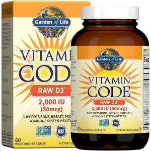 Garden of Life Vitamin D, Vitamin Code Raw D3, Vitamin D 2,000 IU, Raw Whole Food D3 Supplements with Chlorella, Fruit, Veggies & Probiotics for Bone & Immune Health, 60 Vegetarian Capsules(60 Count (Pack of 1))