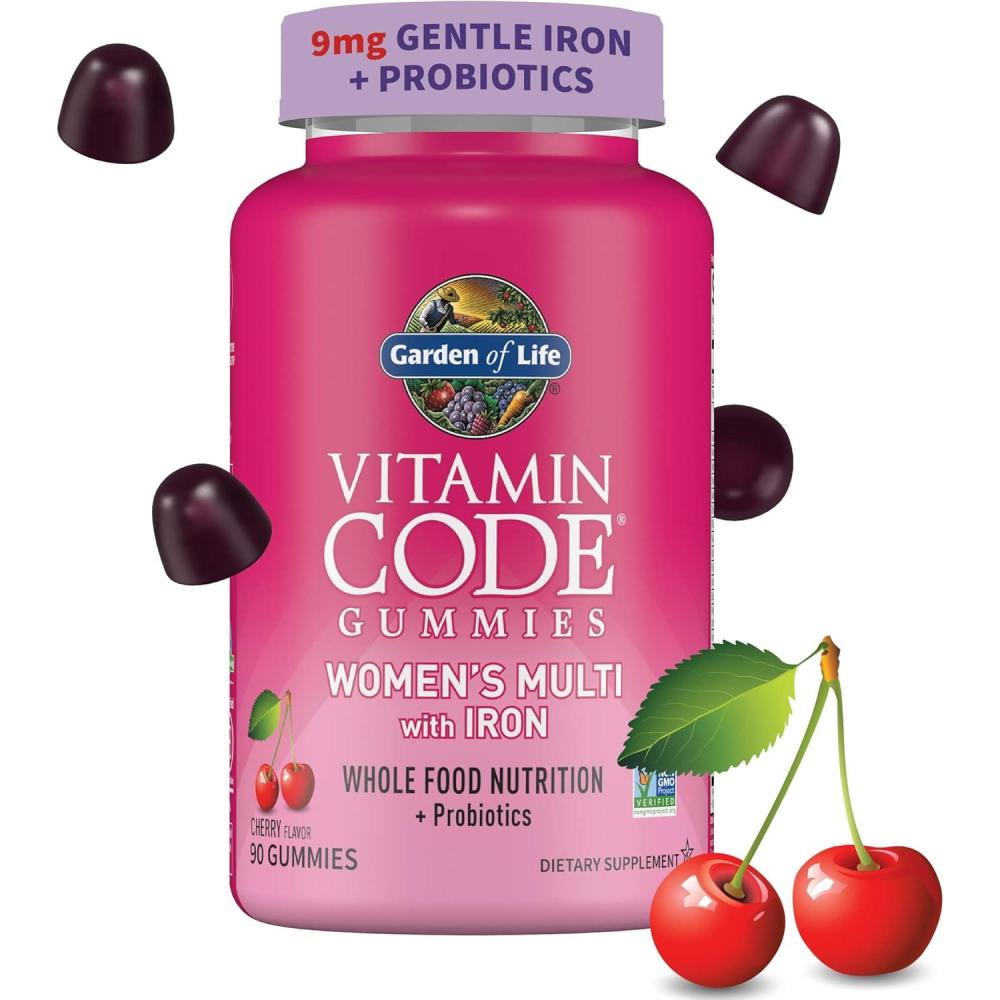 image:imageGarden of Life Vitamin Code Womens Multivitamin Gummy with Iron Folate Biotin D3 amp B12 for Hair Skin amp Nails Probiotics for Immune Health amp Digestion NonGMO GlutenFree 90 Cherry Gummies90 Count Pack of 1