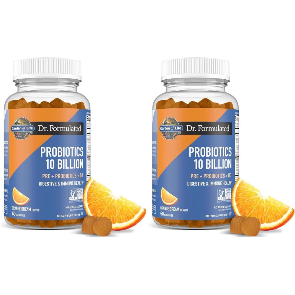 image:imageGarden of Life Dr Formulated 10 Billion CFU Prebiotic Fiber amp Probiotic Gummies with Vitamin D3 for Digestive and Immune Health Gluten Free Non GMO No Added Sugar Orange Dream Flavor 60 Gummies60 Count Pack of 2