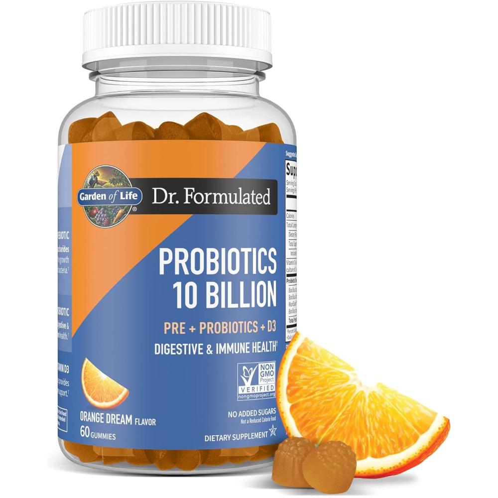 image:imageGarden of Life Dr Formulated 10 Billion CFU Prebiotic Fiber amp Probiotic Gummies with Vitamin D3 for Digestive and Immune Health Gluten Free Non GMO No Added Sugar Orange Dream Flavor 60 Gummies60 Count Pack of 1