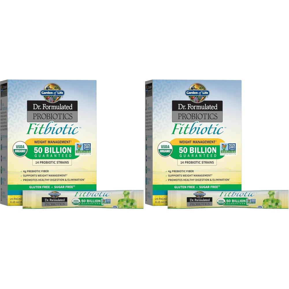 image:imageGarden of Life Dr Formulated Probiotics Fitbiotic Weight Management Powder 50 Billion CFU amp Prebiotic Fiber Organic amp NonGMO Digestive Gut Health Probiotic Supplement 20 Single Serving Packets3 Ounce Pack of 2