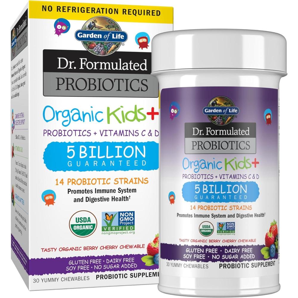 image:imageGarden of Life Dr Formulated Probiotics Organic Kids plus Vitamin C amp D  Berry Cherry  Gluten Dairy amp Soy Free Immune amp Digestive Health Supplement No Added Sugar 30 Chewables Shelf Stable