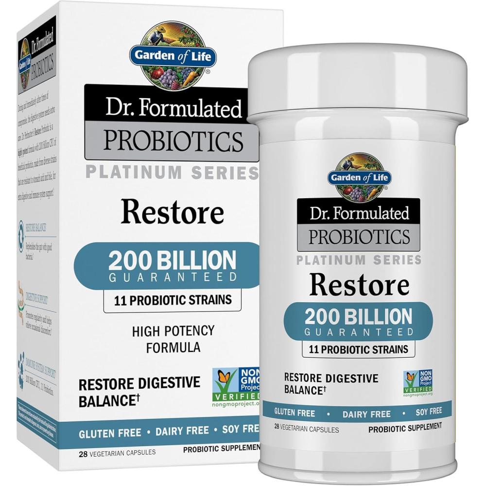 image:imageGarden of Life Dr Formulated Probiotics Platinum Series Restore 200 Billion CFU Guaranteed High Potency Probiotic Formula Vegan NonGMO Gluten Dairy Free Digestive Immune Support 28 Capsules