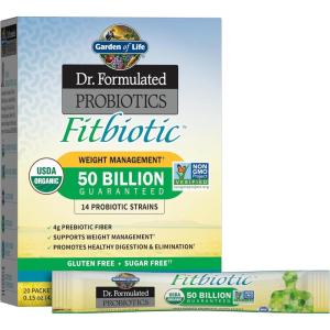 Garden of Life Dr. Formulated Probiotics Fitbiotic Weight Management Powder, 50 Billion CFU & Prebiotic Fiber, Organic & Non-GMO Digestive Gut Health Probiotic Supplement, 20 Single Serving Packets(3 Ounce (Pack of 1))