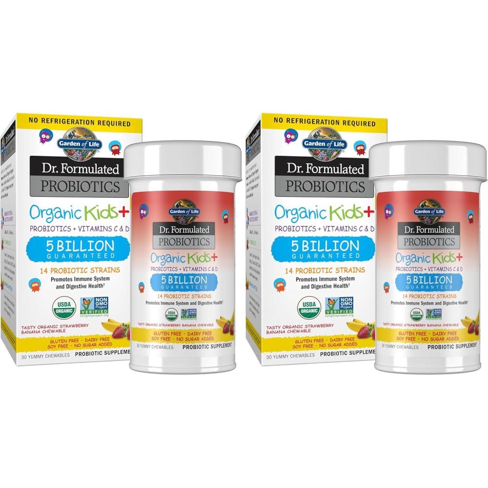 image:imageGarden of Life Dr Formulated Probiotics Organic Kids Digestive Health Support Prebiotic Fiber amp Vitamins C amp D Supports Immune Function Shelf Stable Strawberry Banana 30 Yummy Chewables30 Count Pack of 2
