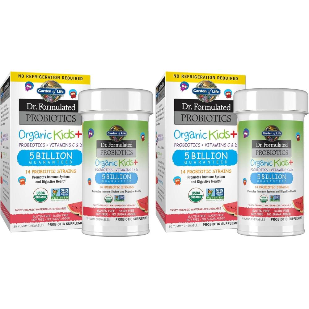 image:imageGarden of Life Dr Formulated Probiotics Organic Kids plus Vitamin C amp D Watermelon Gluten Dairy amp Soy Free Immune amp Digestive Health Supplement No Added Sugar 30 Chewables Shelf Stable30 Count Pack of 2