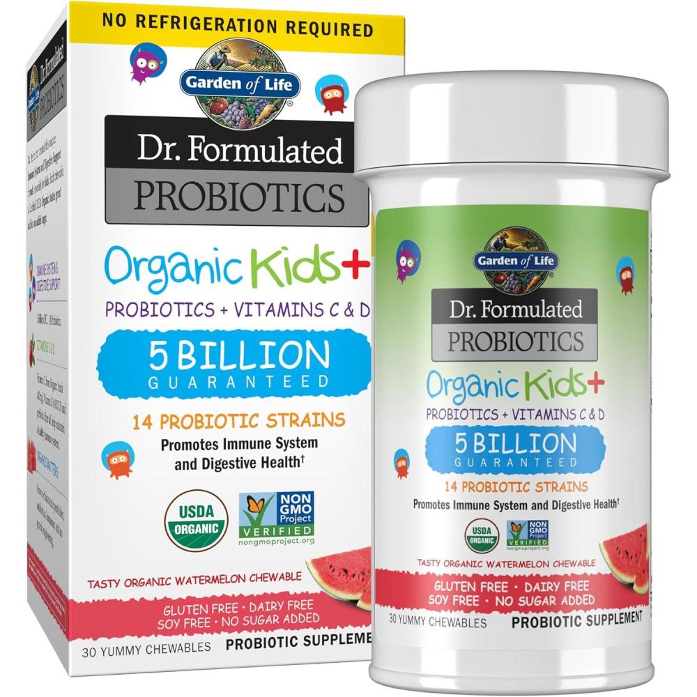 image:imageGarden of Life Dr Formulated Probiotics Organic Kids plus Vitamin C amp D Watermelon Gluten Dairy amp Soy Free Immune amp Digestive Health Supplement No Added Sugar 30 Chewables Shelf Stable30 Count Pack of 1