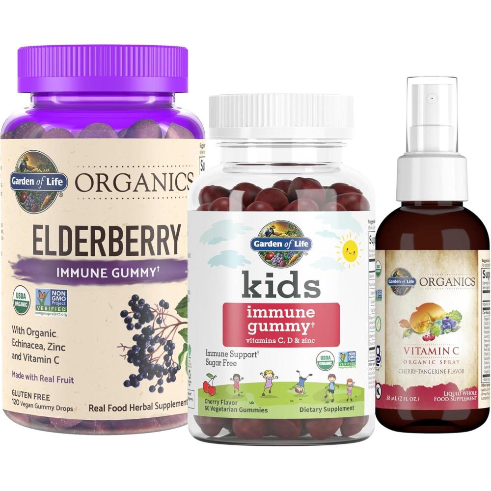 image:imageGarden of Life Immune Support Bundle Organics Elderberry Gummies with Echinacea Zinc 120 Count Kids Immune Gummy 60ct Cherry Organics Vitamin C Spray 2 Fl Oz Orange Tangerine