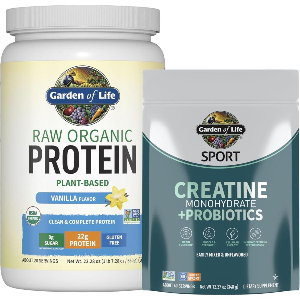 image:imageGarden of Life Protein amp Creatine Bundle Vegan Vanilla Protein Powder 20 Servings with BCAAs Probiotics amp Enzymes Creatine Monohydrate Pre Workout 60 Servings for Muscle Strength amp Performance