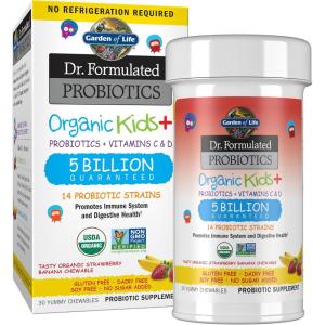 Garden of Life Dr. Formulated Probiotics Organic Kids+ – Digestive Health Support – Prebiotic Fiber & Vitamins C & D – Supports Immune Function – Shelf Stable – Strawberry Banana, 30 Yummy Chewables(30 Count (Pack of 1))